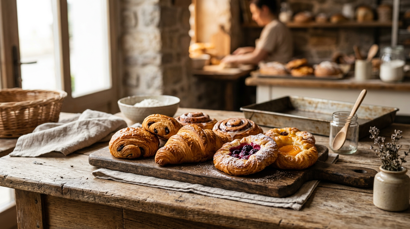 Sveže pečeno sladko pecivo na rustikalni leseni mizi